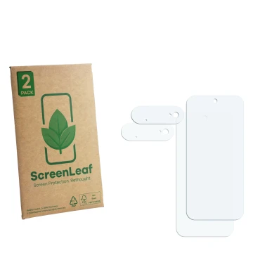 Face avant d’un emballage produit avec le logo de la marque ScreenLeaf. À côté se trouve la protection d’écran correspondante.