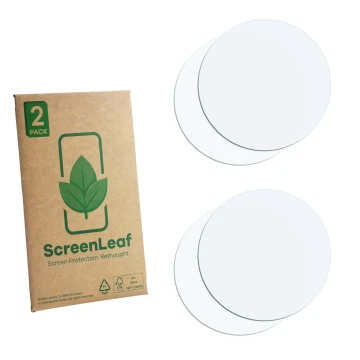 Face avant d’un emballage produit avec le logo de la marque ScreenLeaf. À côté se trouve la protection d’écran correspondante.