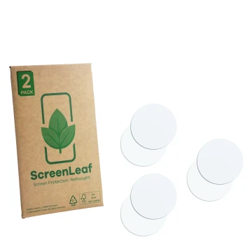 Face avant d’un emballage produit avec le logo de la marque ScreenLeaf. À côté se trouve la protection d’écran correspondante.