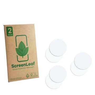 Face avant d’un emballage produit avec le logo de la marque ScreenLeaf. À côté se trouve la protection d’écran correspondante.