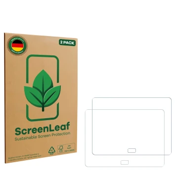 Face avant d’un emballage produit avec le logo de la marque ScreenLeaf. À côté se trouve la protection d’écran correspondante.