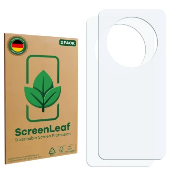 Face avant d’un emballage produit avec le logo de la marque ScreenLeaf. À côté se trouve la protection d’écran correspondante.