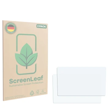 Face avant d’un emballage produit avec le logo de la marque ScreenLeaf. À côté se trouve la protection d’écran correspondante.