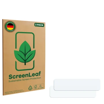 Face avant d’un emballage produit avec le logo de la marque ScreenLeaf. À côté se trouve la protection d’écran correspondante.