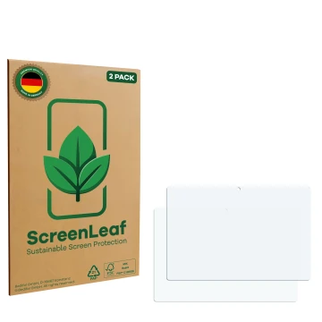 Face avant d’un emballage produit avec le logo de la marque ScreenLeaf. À côté se trouve la protection d’écran correspondante.