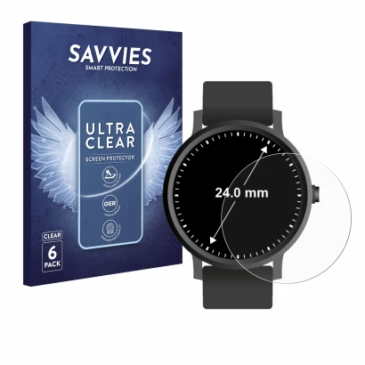 Face avant d’un emballage produit avec le logo de la marque Savvies. À côté, l’appareil Montres (Circulaire, ø: 24 mm) est rep