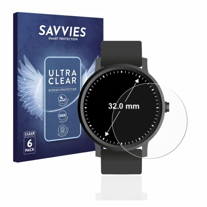 Face avant d’un emballage produit avec le logo de la marque Savvies. À côté, l’appareil Montres (Circulaire, ø: 32 mm) est rep