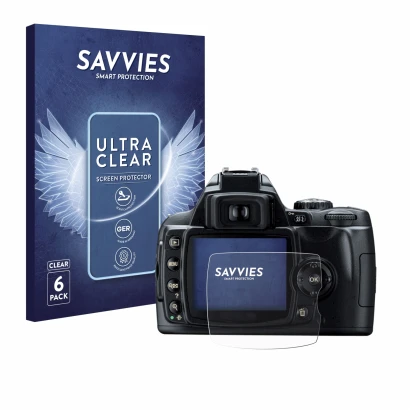 Face avant d’un emballage produit avec le logo de la marque Savvies. À côté, l’appareil Nikon D40 est représenté avec la prote