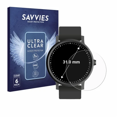 Face avant d’un emballage produit avec le logo de la marque Savvies. À côté, l’appareil Montres (circulaire, ø: 31 mm) est rep