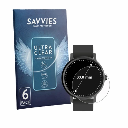 Face avant d’un emballage produit avec le logo de la marque Savvies. À côté, l’appareil Montres (Circulaire, ø: 33 mm) est rep