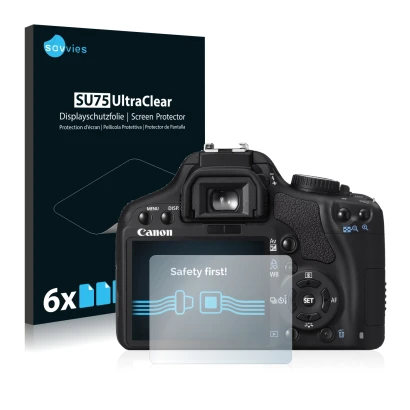 Face avant d’un emballage produit avec le logo de la marque Savvies. À côté, l’appareil Canon EOS 450D est représenté avec la 