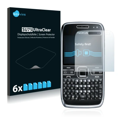 Face avant d’un emballage produit avec le logo de la marque Savvies. À côté, l’appareil Nokia E72 est représenté avec la prote