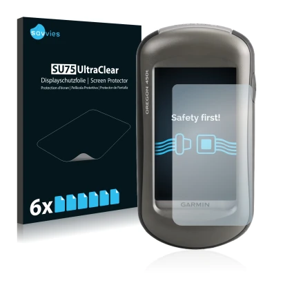 Face avant d’un emballage produit avec le logo de la marque Savvies. À côté, l’appareil Garmin Oregon 450 est représenté avec 