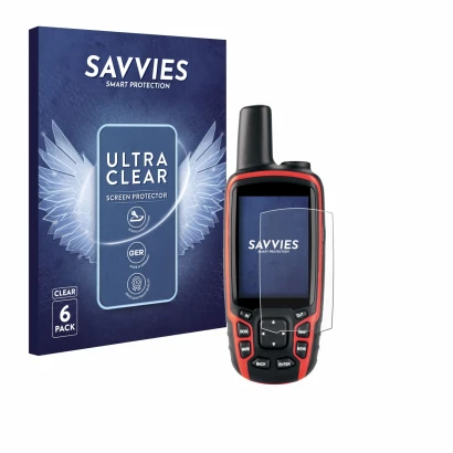 Face avant d’un emballage produit avec le logo de la marque Savvies. À côté, l’appareil Garmin Astro 320 est représenté avec l