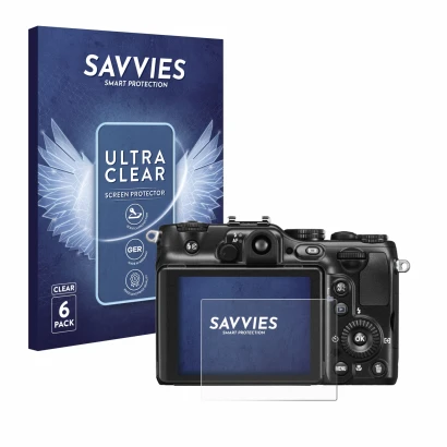 Face avant d’un emballage produit avec le logo de la marque Savvies. À côté, l’appareil Nikon Coolpix P7100 est représenté ave
