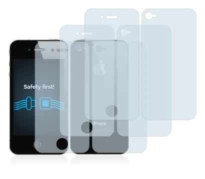 Image de l'appareil Apple iPhone 4S (Avant+Arrière) avec une grande variété de protections d'écran.