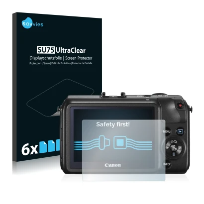 Face avant d’un emballage produit avec le logo de la marque Savvies. À côté, l’appareil Canon EOS M est représenté avec la pro
