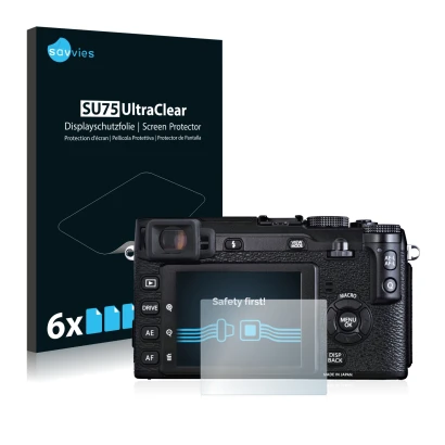 Face avant d’un emballage produit avec le logo de la marque Savvies. À côté, l’appareil Fujifilm X-E1 est représenté avec la p