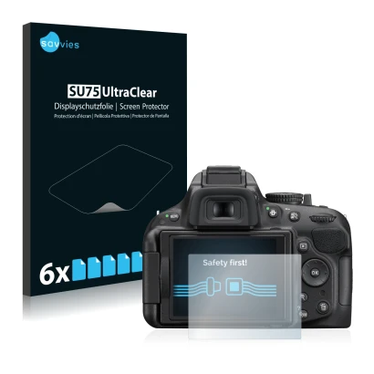 Face avant d’un emballage produit avec le logo de la marque Savvies. À côté, l’appareil Nikon D5200 est représenté avec la pro