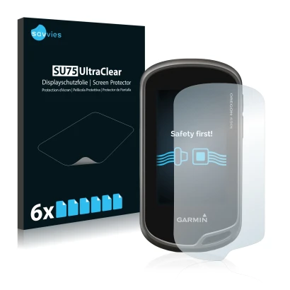 Face avant d’un emballage produit avec le logo de la marque Savvies. À côté, l’appareil Garmin Oregon 650t est représenté avec