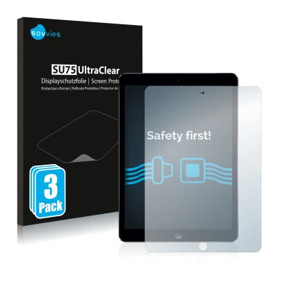 Face avant d’un emballage produit avec le logo de la marque Savvies. À côté, l’appareil Apple iPad Air 2013 est représenté ave