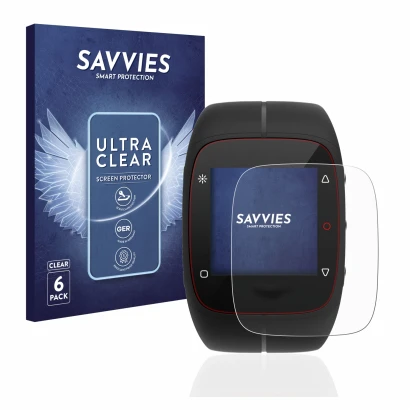 Face avant d’un emballage produit avec le logo de la marque Savvies. À côté, l’appareil Polar M400 est représenté avec la prot