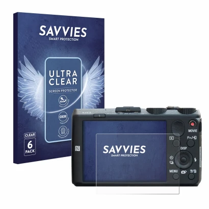 Face avant d’un emballage produit avec le logo de la marque Savvies. À côté, l’appareil Sony Cyber-Shot DSC-HX60 est représent