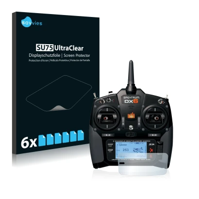 Face avant d’un emballage produit avec le logo de la marque Savvies. À côté, l’appareil Spektrum DX6 est représenté avec la pr