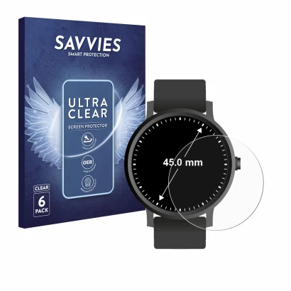 Face avant d’un emballage produit avec le logo de la marque Savvies. À côté, l’appareil Montres (Circulaire, ø: 45 mm) est rep