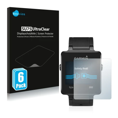 Face avant d’un emballage produit avec le logo de la marque Savvies. À côté, l’appareil Garmin vivoactive est représenté avec 