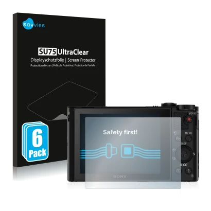 Face avant d’un emballage produit avec le logo de la marque Savvies. À côté, l’appareil Sony Cyber-Shot DSC-HX90 est représent