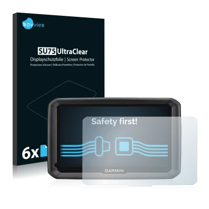 Face avant d’un emballage produit avec le logo de la marque Savvies. À côté, l’appareil Garmin dezl 770 LMT-D est représenté a