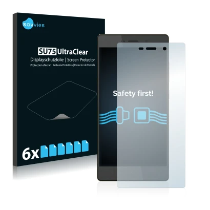 Face avant d’un emballage produit avec le logo de la marque Savvies. À côté, l’appareil Hisense H910 est représenté avec la pr