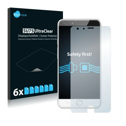 Face avant d’un emballage produit avec le logo de la marque Savvies. À côté, l’appareil Ulefone Be Touch 2 est représenté avec
