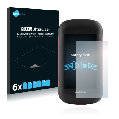 Face avant d’un emballage produit avec le logo de la marque Savvies. À côté, l’appareil Garmin Montana 680 est représenté avec