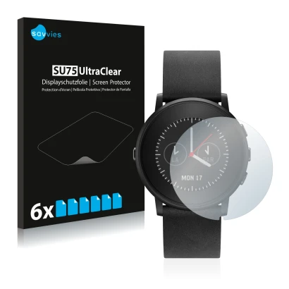 Face avant d’un emballage produit avec le logo de la marque Savvies. À côté, l’appareil Pebble Time Round est représenté avec 