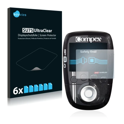 Face avant d’un emballage produit avec le logo de la marque Savvies. À côté, l’appareil Compex SP 8.0 est représenté avec la p
