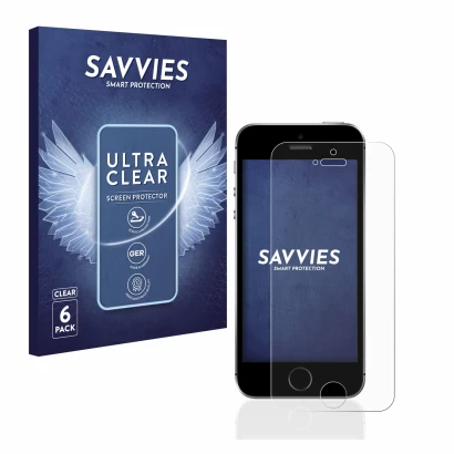 Face avant d’un emballage produit avec le logo de la marque Savvies. À côté, l’appareil Apple iPhone SE 2016 est représenté av