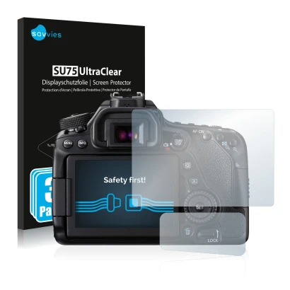 Face avant d’un emballage produit avec le logo de la marque Savvies. À côté, l’appareil Canon EOS 80D est représenté avec la p