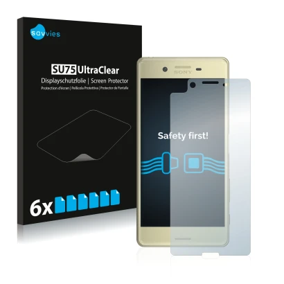 Face avant d’un emballage produit avec le logo de la marque Savvies. À côté, l’appareil Sony Xperia X est représenté avec la p