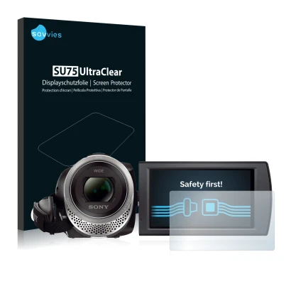 Face avant d’un emballage produit avec le logo de la marque Savvies. À côté, l’appareil Sony FDR-AX53 est représenté avec la p