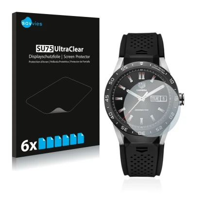 Face avant d’un emballage produit avec le logo de la marque Savvies. À côté, l’appareil TAG Heuer Connected 46 est représenté 