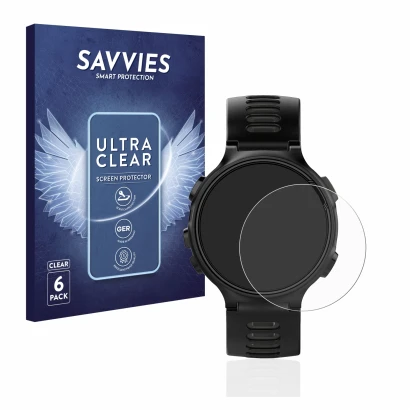 Face avant d’un emballage produit avec le logo de la marque Savvies. À côté, l’appareil Garmin Forerunner 735XT est représenté