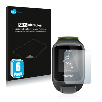 Face avant d’un emballage produit avec le logo de la marque Savvies. À côté, l’appareil TomTom Runner 3 est représenté avec la