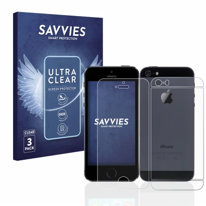 Face avant d’un emballage produit avec le logo de la marque Savvies. À côté, l’appareil Apple iPhone 5S (Avant+Arrière) est re