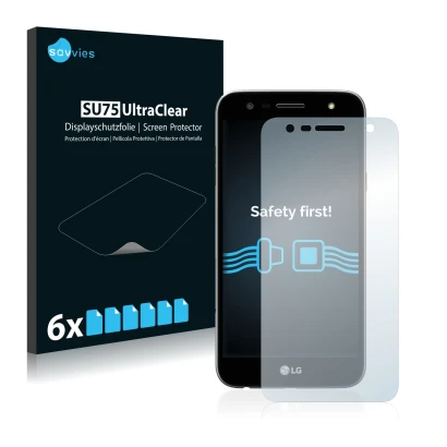Face avant d’un emballage produit avec le logo de la marque Savvies. À côté, l’appareil LG X Power 2 est représenté avec la pr