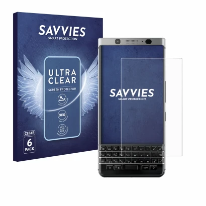 Face avant d’un emballage produit avec le logo de la marque Savvies. À côté, l’appareil BlackBerry Keyone est représenté avec 