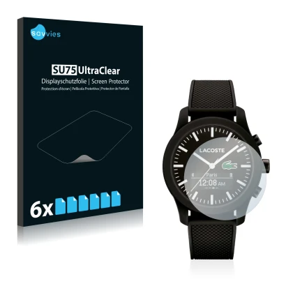 Face avant d’un emballage produit avec le logo de la marque Savvies. À côté, l’appareil Lacoste 12.12 Contact est représenté a