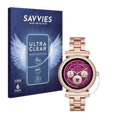 Face avant d’un emballage produit avec le logo de la marque Savvies. À côté, l’appareil Michael Kors Access Sofie est représen