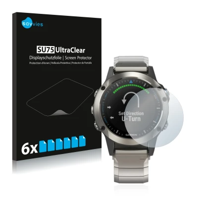 Face avant d’un emballage produit avec le logo de la marque Savvies. À côté, l’appareil Garmin quatix 5 est représenté avec la